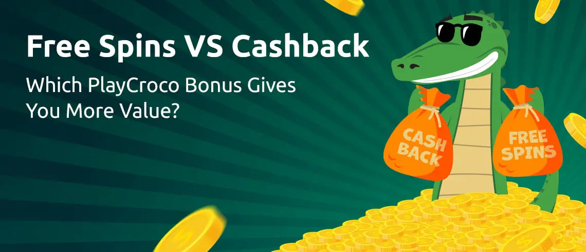Croco sitting on a pile of gold coins holding a bag of cashback rewards in one hand and a bag of free spin rewards in the other hand.