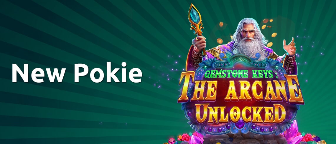 Promotional banner for the new pokie game 'Gemstone Keys: The Arcane Unlocked' featuring an older wizard with a majestic beard holding a magic staff, set against a vibrant green background.
