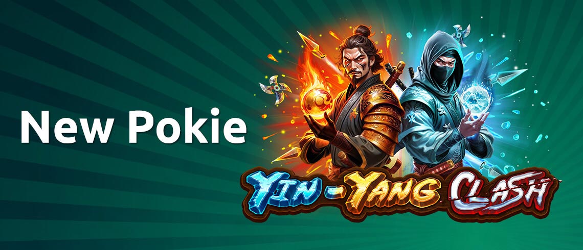 Promotional image for the new pokie Yin-Yang Clash, featuring a fiery Samurai on the left and an icy Ninja on the right, both holding elemental orbs. The game title is displayed in bold, stylized text with a green background.