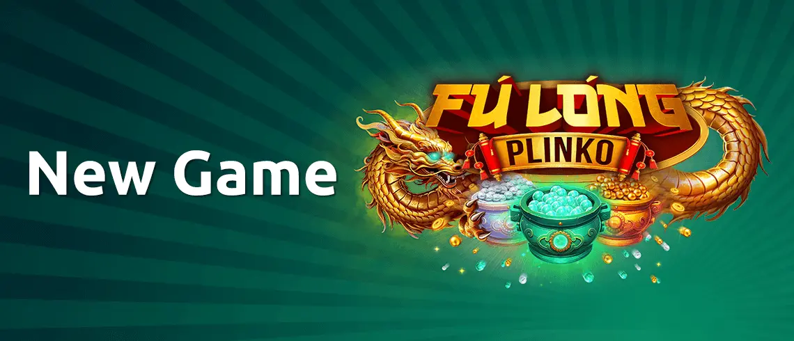 romotional banner for the new Fu Long Plinko game featuring a golden dragon, glowing bowls of coins and gems, and the text ‘New Game’ on a green background