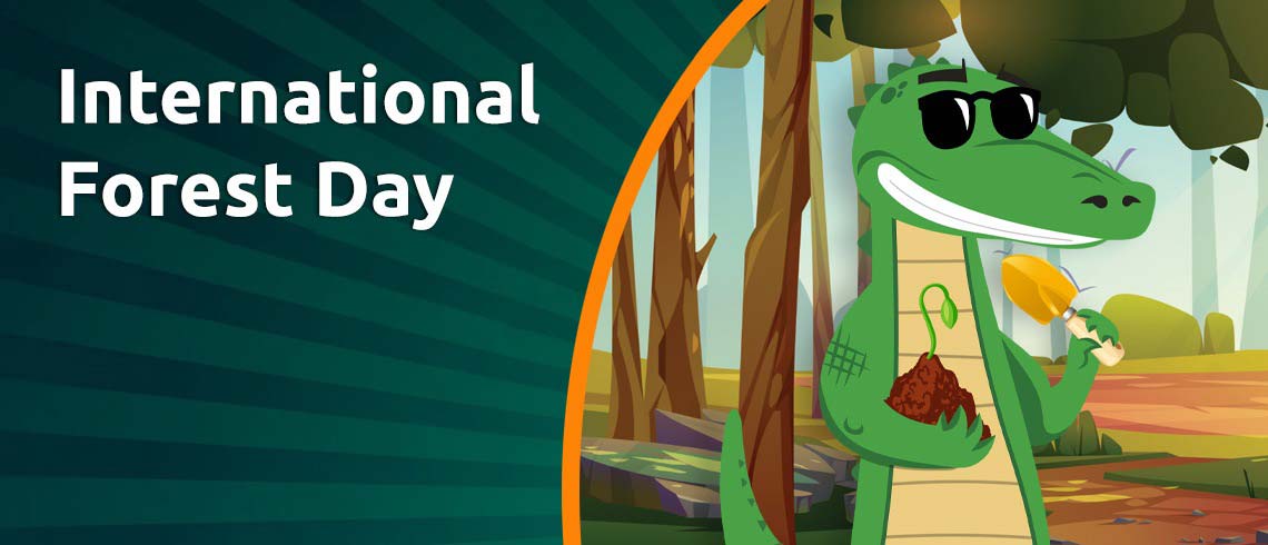 Croco mascot with spade and seedling in a forest